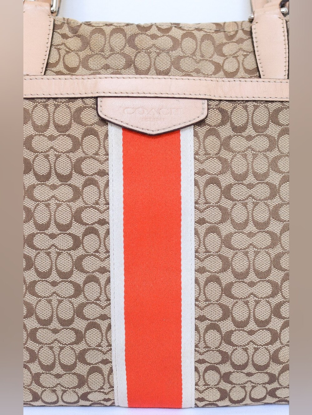 Coach Signature Stripe Monogram Tote Shoulder Bag Khaki Orange F27008 Y2K Preppy - Picture 4 of 16